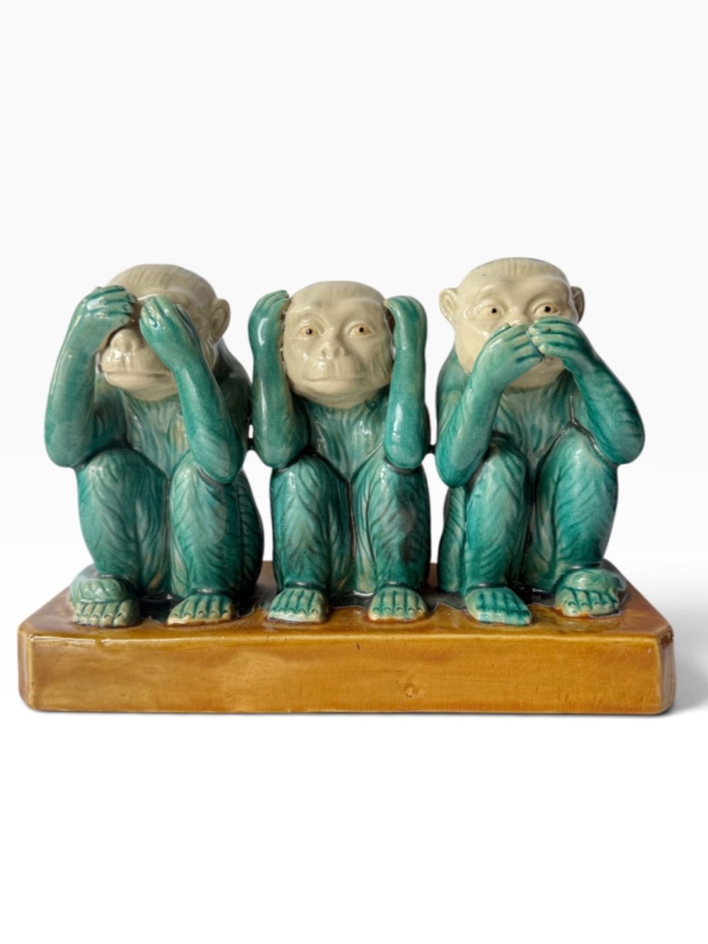 Vintage Majolica Ceramic Asian Three Wise Monkeys Statue See Hear Speak No Evil